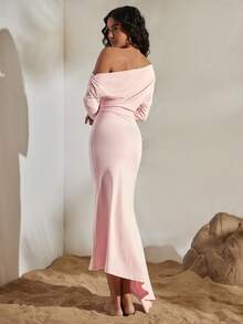 Opulessa Women's Solid Color Knit Asymmetric Collar Long Sleeve Asymmetrical Hem Dress, Suitable For Spring/Summer Vacation - Pink - View 6