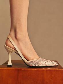 Rosivie Women's Shoes Fashion Pointed Sequins Back Strap Stiletto Sandals Women's Elegant Romantic Temperament Versatile High Heels - Apricot - View 6