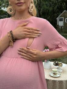 SHEIN 哺乳连衣裙，荷叶边袖，圆领，正面蘑菇形纽扣，侧边拉链，A字裙摆带荷叶边装饰 - 藕粉色 - 查看 5