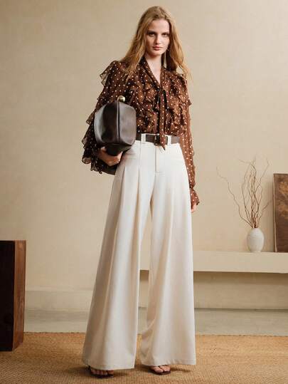 Arave Camicia da donna in chiffon con stampa digitale a pois, collo alto, maniche a sbuffo, orlo arricciato, casual per uso quotidiano