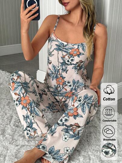 SHEIN Women Big Floral Pattern Two Pieces Strappy Sleep Top + Lettuce Trim Edge Ribbon Detail Long Sleep Pants Comfort Lounge Pajama Sets Lounging Sets Women Summer Lounge Sets For Women 2 Piece Sets Woman Lounge Wear 2 Piece Sleepwear For Women Pajama Sets For Women
