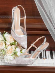 CUCCOO HITCHD 纯色拼接金属装饰简约休闲女式高跟鞋春季鞋款春假复活节舞会高跟鞋 - 銀色 - 查看 2