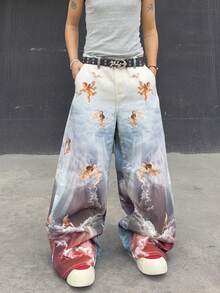 Manfinity EMRG Men's Casual Retro Angel Print Wide-Leg Jeans - Multicolor - View 1