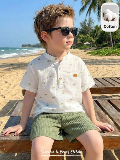 Cozy Pixies 2pcs/Set Young Boy Plant & Floral Print Round Neck Short Sleeve Half-Zip Pullover Top And Elastic Waist Shorts