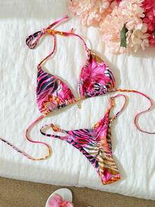 Swim Mod Springbreak Women Beachwear Summer Outfits, Random Print Halter Metal Decor Sexy Bikini Set - Multicolor - View 2