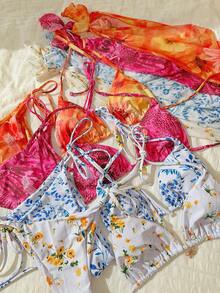 Swim Mod Conjunto de bikini de 3 piezas con estampado aleatorio y 3 shorts para mujer, primavera/verano - Multicolor - Ver 1