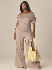 MUSERA Plus Size Tie Panel Detail Wide Leg Trousers Spring Summer Cute Cosy Cottage Core Spring Dew Casual - Grey - View 1