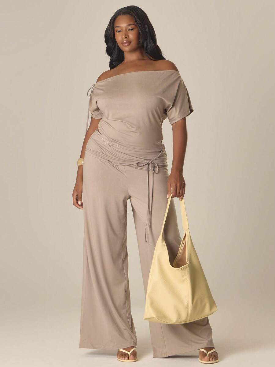 MUSERA Plus Size Tie Panel Detail Wide Leg Trousers Spring Summer Cute Cosy Cottage Core Spring Dew Casual - Grey - View 1