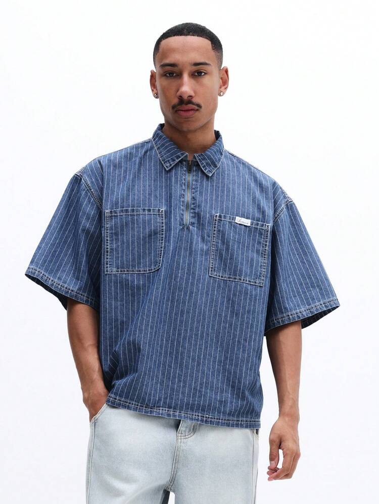 Men's Light Blue Pinstriped Denim Short Sleeve Zip Front Shirt With Chest Pockets Oversized Fit Casual Summer Top