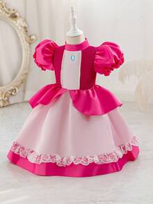 SHEIN Glamorique Kids Young Girl' Princess Dress,Satin Puff Sleeve Blush Pink Summer First Birthday Formal Dress With Pearl Ribbon,Gems,Lace Trim,Kids Party Wedding Outfits - Hot Pink - View 7