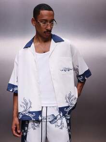 PLAYBOY X SUMWON Men's Short Sleeve Button-Up Shirt With All-Over Print And Blue Ornate Pattern Collar Casual Summer Top - Apricot - View 2