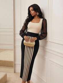 Playroots Đầm ôm sát Anewsta dành cho nữ, kiểu dáng thanh lịch, cổ vuông, tay phồng, chất liệu lưới, thiết kế phối eo. - màu đen - Xem 3