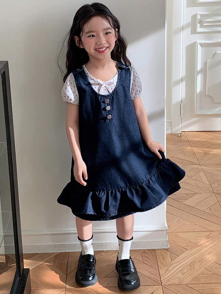 Young Girl Ruffle Trim Casual Vacation Everyday Denim Dress