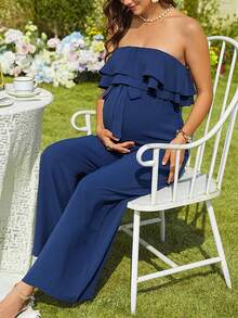 SHEIN Sleeveless Ruffled Tie-Front Jumpsuit For Pregnant Women, Spring/Summer - Navy Blue - View 6