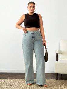 SHEIN 100% Cotton Plus High Waist Casual Straight Jean - Medium Wash - View 6