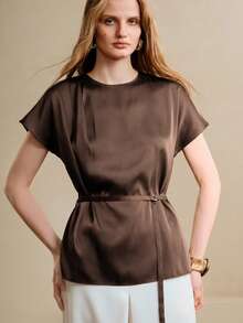 Revavyn Revavyn Áo sơ mi nữ Tencel dáng chữ H cổ tròn tay cánh dơi xếp ly thắt eo kiểu dáng thường ngày/công sở - màu nâu - Xem 6