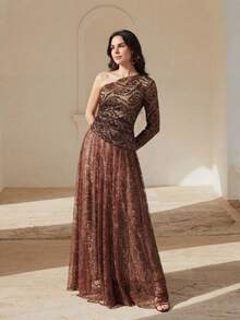 Anewsta Vestido asimétrico elegante y de moda con encaje y cuentas en contraste, adecuado para fiestas, banquetes, festivales y otras ocasiones - Café integral - Ver 3