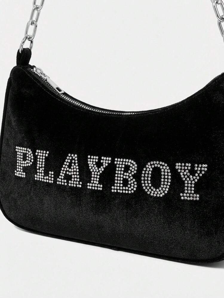 Missguided x Playboy Rhinestone Embellished Hobo Shoulder Bag With Chain Strap And Logo Text For Evening Party Occasions Fashion Accessory