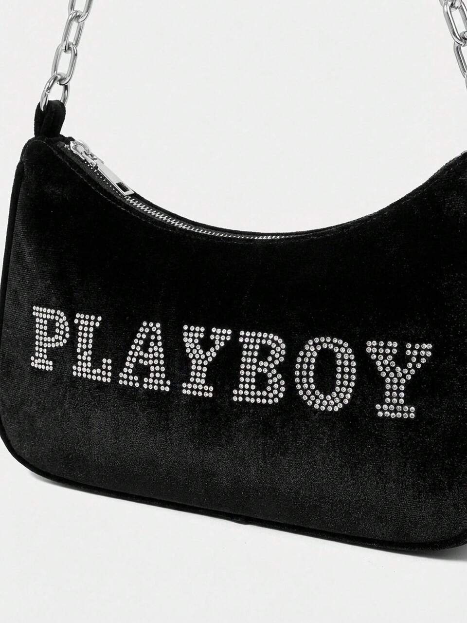Missguided x Playboy Umhängetasche mit Strass-Verzierung, Kettengurt und Logo-Text für Abendpartys, modisches Accessoire
