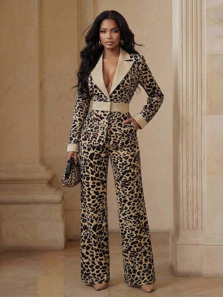 Anewsta Women's Beige Leopard Print Satin Patchwork Long Sleeve Blazer, Elegant Spring/Summer Formal Party Outerwear