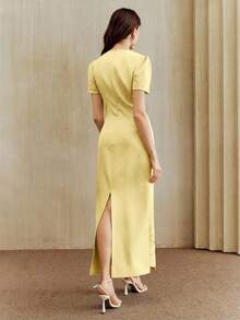 Anewsta Solid Color Straight Waist Cinching Short Sleeve Dress With Cutout Embroidered Pearl Decor, Long Dress For Women - Pale Yellow - View 4