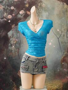 EgrlEra 女士蓝色针织蕾丝上衣 - 藍色 - 查看 6