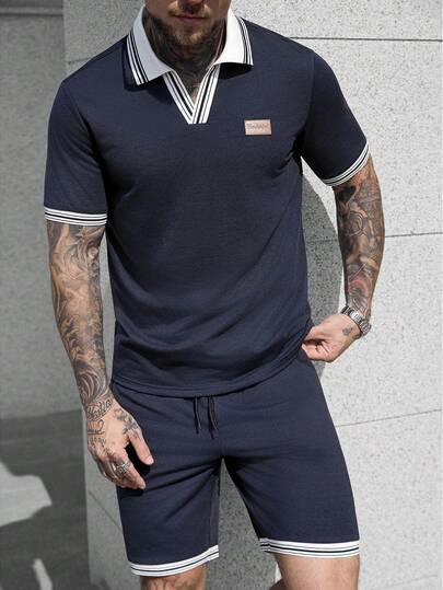 Manfinity CasualCool 2pcs Men's Comfortable Twill Fabric Short Sleeve Polo Shirt And Drawstring Elastic Waist Shorts Set, With Striped Webbing And Small Leather Patch, Suitable For Casual, Party, Gathering, Sports, Office, Spring And Autumn, Classic Japanese Style Short Sleeve And Shorts Set, Popular Classic Set, Suitable For Self-Wear Or Gift To Friends