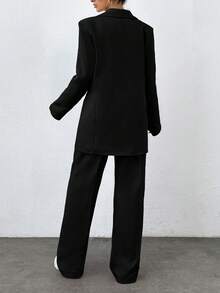 Conjunto de chaqueta y pantalones de traje de unicolor versátil y de moda, ropa de oficina, para mujeres altas - Negro - Ver 2