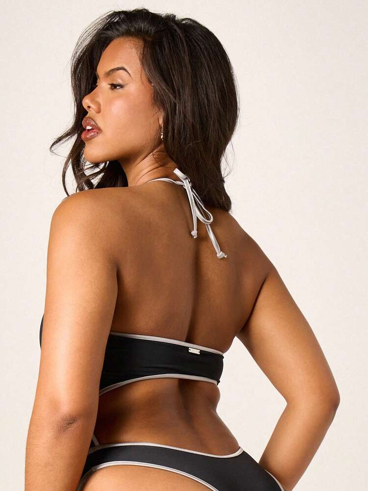 Missguided x Playboy Beach Women's Cut Out Halter One Piece Swimsuit With Print And Contrast Trim Details