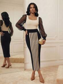 Playroots Đầm ôm sát Anewsta dành cho nữ, kiểu dáng thanh lịch, cổ vuông, tay phồng, chất liệu lưới, thiết kế phối eo. - màu đen - Xem 1