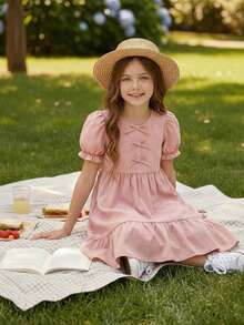 SHEIN Young Girl Woven Solid Color Round Neck Puff Sleeve Casual Dress Dusty Rose Dress Kids Kids Paris Dress Girls Puffy Sleeve Dress Girls Spring Autumn French Style Dress Mauve Dress For Kids Tea Party Dress Lilas Dress For Girls Girls Puff Sleeve Dress - Beige - View 4