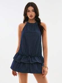 Poéselle Women's Ruffled Hem Halter Neck Denim Dress - Dark Wash - View 5
