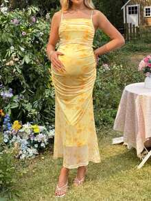 SHEIN Maternity Minimalist Mesh Floral Print Slip Dress - Yellow - View 4