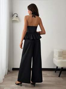 EURMUSE Women's Black Satin Two Pieces Set – Halter Peplum Top & Wide-Leg Pants - Black - View 2