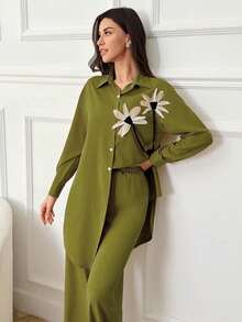 Mulvari 2件套女士3D立体花卉装饰衬衫和裤子套装 - 綠色 - 查看 4