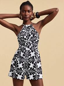 Travachic Women's Vacation Casual All-Over Print Halter Romper - Black and White - View 8