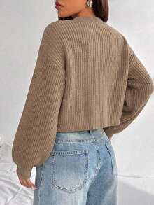 EURMUSE White Lantern Sleeve Button Front Rib Knit Cardigan - Beige - View 2