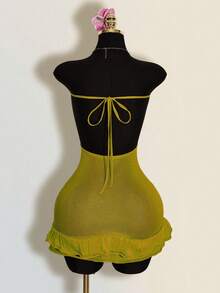 SHEIN ICON 女士金属贝壳链条无肩带荷叶边性感针织连衣裙 - 綠色 - 查看 2