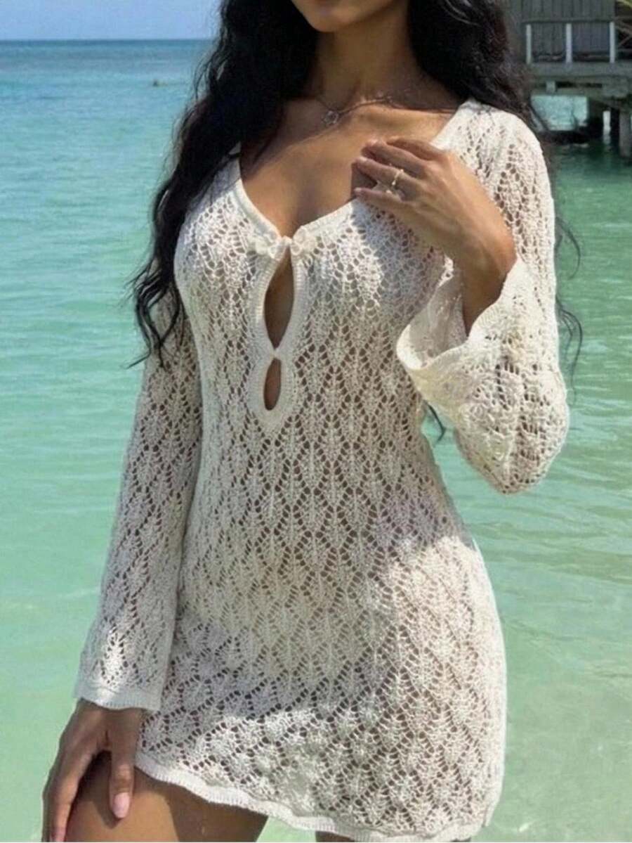 Bonvoyette 白色镂空针织吉祥搭扣镂空喇叭袖网红沙滩罩衫女装 - 白色 - 查看 1