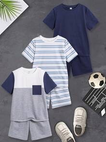 SHEIN Set da 6 pezzi di magliette a maniche corte e pantaloncini corti per ragazzi pre-adolescenti, stile casual sportivo, a righe e con blocchi di colore, scollo rotondo, adatto per pendolarismo, scuola, uso quotidiano, sport, primavera/estate - Multicolore - Visualizzare 5