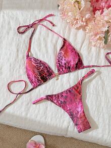Elavelle Bộ bikini gợi cảm cổ yếm in họa tiết ngẫu nhiên dành cho nữ, trang phục đi biển mùa hè. - Nhiều màu - Xem 3