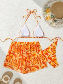Swim Vcay Bộ bikini gợi cảm buộc dây cổ cho nữ, thích hợp mặc đi biển mùa hè, kèm quần short. - trái cam - Xem 5