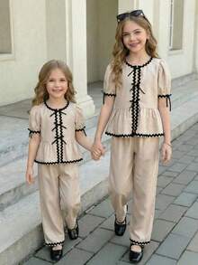 SHEIN Bộ đồ 2 món cho bé gái tuổi teen: áo tay cánh hoa phối màu tương phản và quần ống rộng. - Màu be - Xem 2