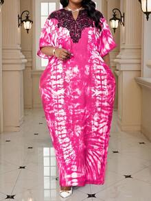 SHEIN Lady 春夏秋冬优雅紫色编织缺角长袍连衣裙，蕾丝领，度假大码连衣裙 - 玫紅色 - 查看 5