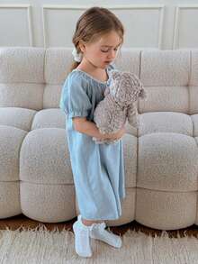 DAZY Young Girl Round Neck Button Pleated Casual Nightgown - Blue - View 3