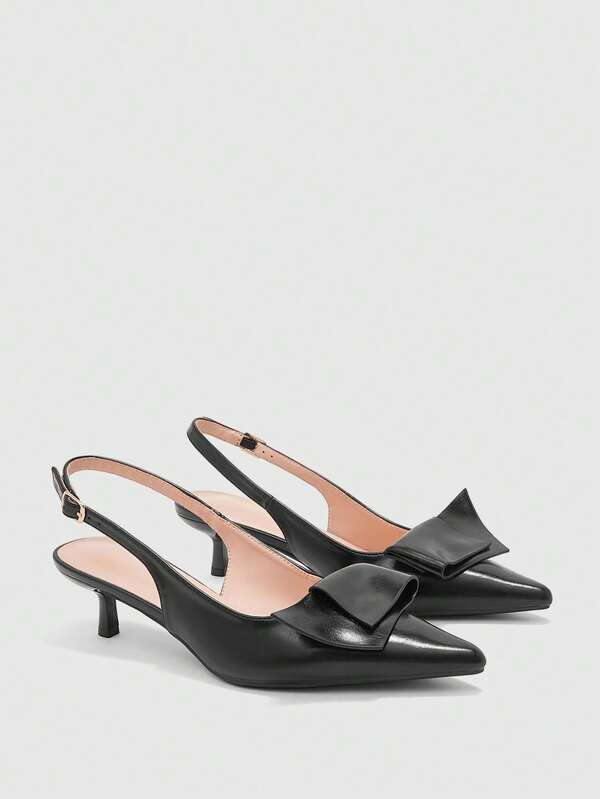 CUCCOO BIZCHIC Zapatos de tacón alto con tira trasera triple, tacón fino y decoración de origami en estilo sencillo y elegante, con puntera y acabado mate en piel sintética negra, para uso diario