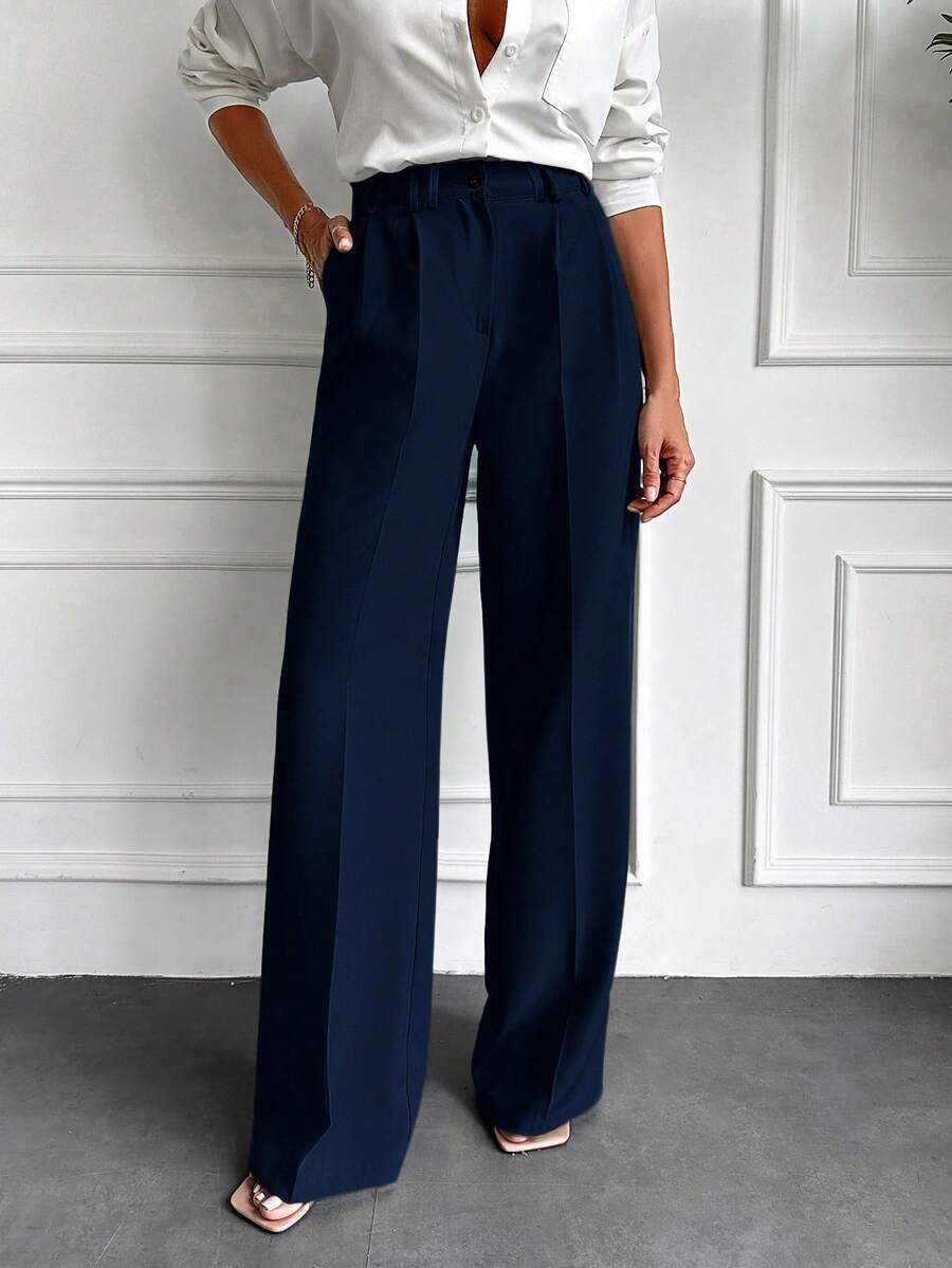 EURMUSE Ladies" Solid Color Straight Legged Pleated Dress Pants, Featuring Pockets, Suitable For Casual And Commuting - Navy Blue - View 1