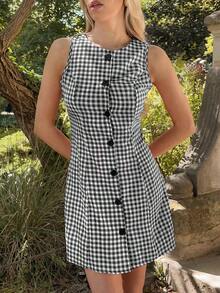 Pariaura 女士黑色格子开襟休闲中长连衣裙，适合工作通勤，尽显知性气质，校园风。夏季、夏季度假装、春季、女士春季服装、野餐裙、海滩、婚礼、生日、生日礼服、外出、优雅、度假、休闲、Y2K、毕业季服装、时尚休闲通勤装、商务办公装、百搭时尚的日常休闲无袖连衣裙、女士休闲连衣裙、女士夏季连衣裙、女士野餐裙、女士夏季服装、学院风连衣裙 - 黑色 - 查看 4