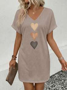 EMERY ROSE Heart Print Short Sleeve Casual Summer Dress - Khaki - View 3