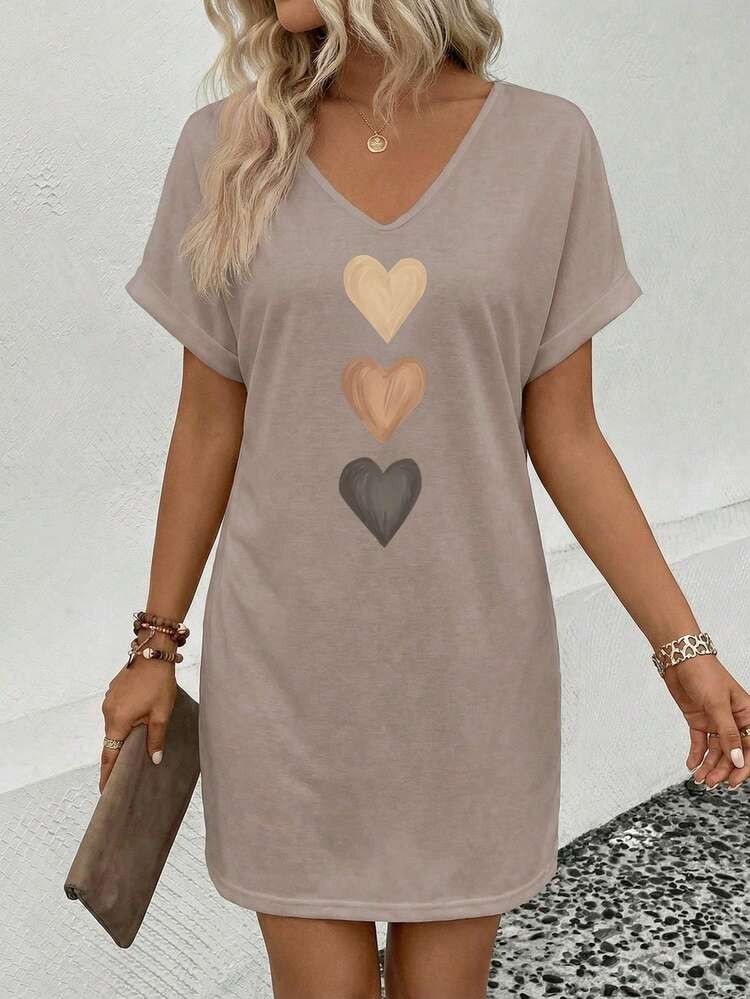 EMERY ROSE Đầm mùa hè tay ngắn in hình trái tim, kiểu dáng thường ngày. - Màu Khaki - Xem 3